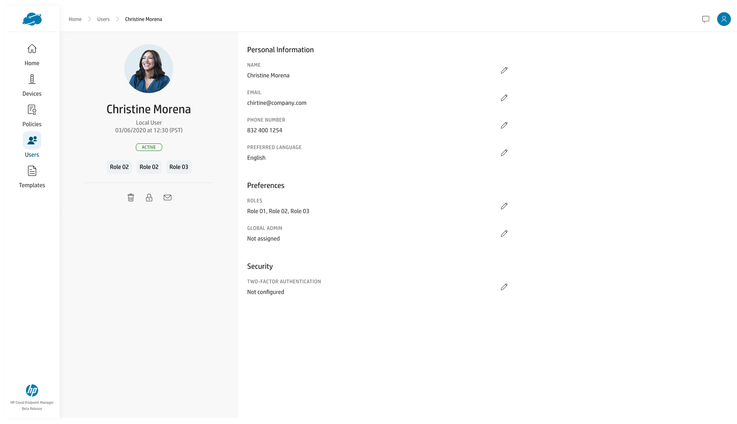 User detail for Christine Morena, a local active user, showing a profile card with role chips and delete, lock, and email actions, plus personal information, preferences with roles and global-admin fields, and a security section showing two-factor authentication not configured.